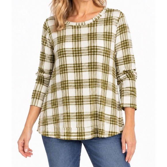 AnyBody Tops - AnyBody Womens Large Plaid Long Sleeve Crew Neck Top Olive Green Cream Cotton